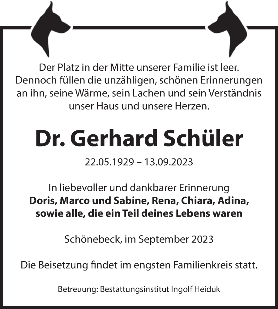  Traueranzeige für Gerhard Schüler vom 16.09.2023 aus Volksstimme Schönebeck