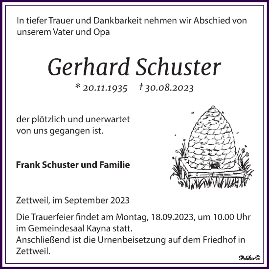 Traueranzeige von Gerhard Schuster von Trauerkombi Zeitz