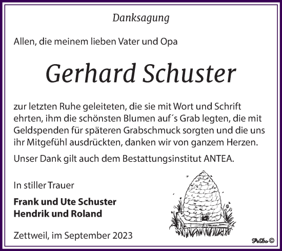 Traueranzeige von Gerhard Schuster von Trauerkombi Zeitz