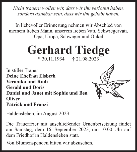 Traueranzeige von Gerhard Tiedge von Volksstimme Haldensleben/Wolmirstedt