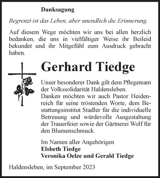 Traueranzeige von Gerhard Tiedge von Volksstimme Haldensleben/Wolmirstedt