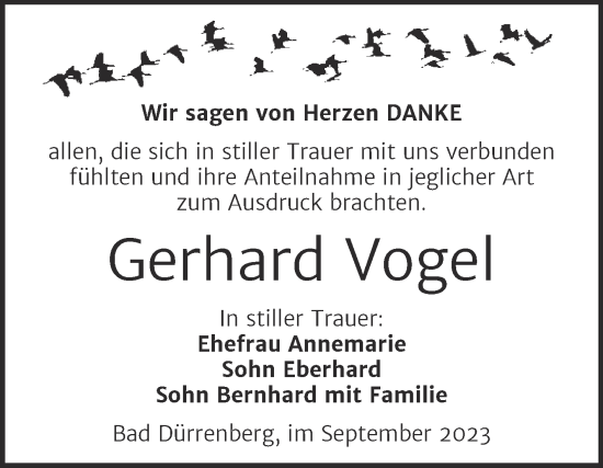 Traueranzeige von Gerhard Vogel von Trauerkombi Merseburg