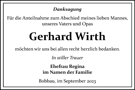 Traueranzeige von Gerhard Wirth von Trauerkombi Bitterfeld