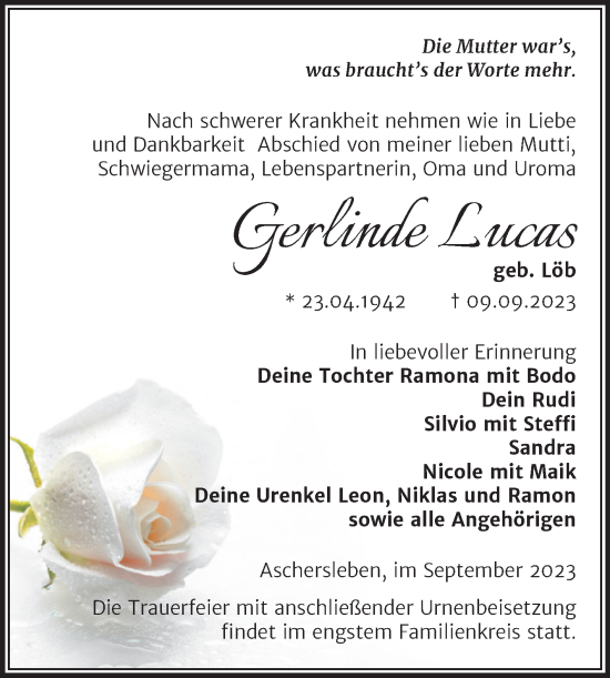 Traueranzeige von Gerlinde Lucas von Trauerkombi Aschersleben