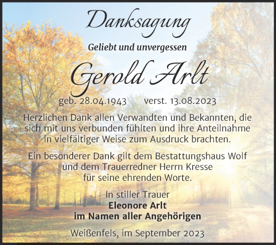 Traueranzeige von Gerold Arlt von Trauerkombi Weißenfels