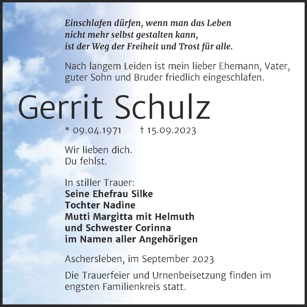  Traueranzeige für Gerrit Schulz vom 23.09.2023 aus Trauerkombi Aschersleben