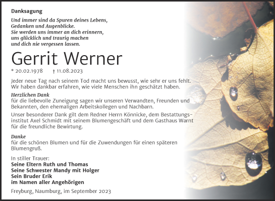 Traueranzeige von Gerrit Werner von Wochenspiegel Naumburg/Nebra