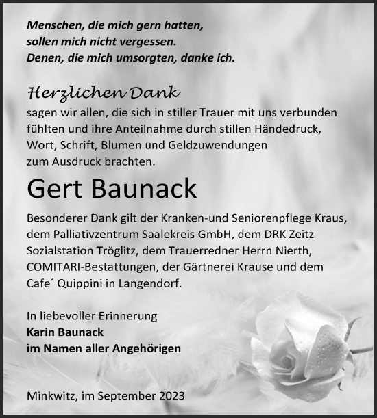 Traueranzeige von Gert Baunack von Trauerkombi Zeitz