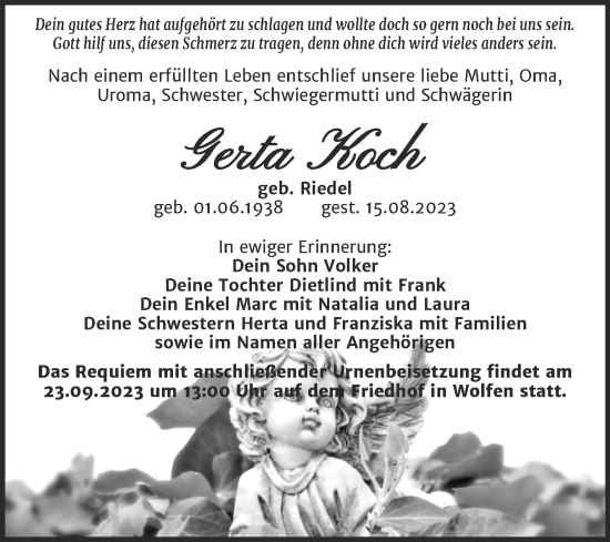 Traueranzeige von Gerta Koch von Trauerkombi Bitterfeld