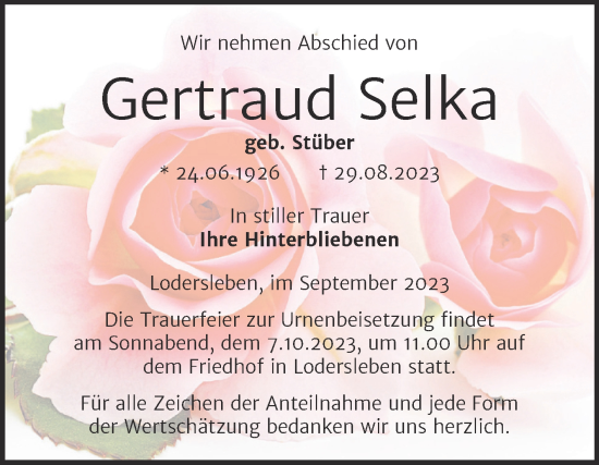 Traueranzeige von Gertraud Selka von Trauerkombi Merseburg