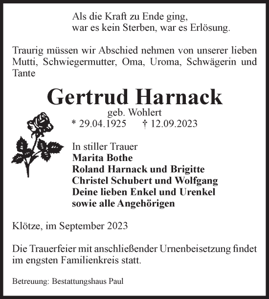 Traueranzeige von Gertrud Harnack von Volksstimme Altmark West