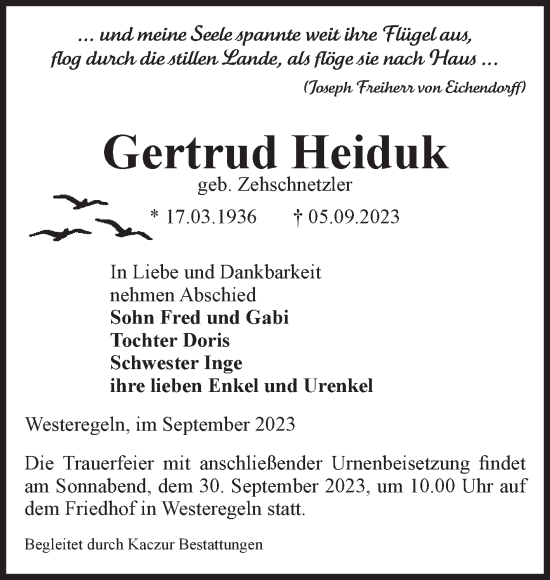 Traueranzeige von Gertrud Heiduk von Volksstimme Staßfurt