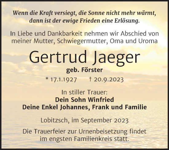Traueranzeige von Gertrud Jaeger von Trauerkombi Weißenfels