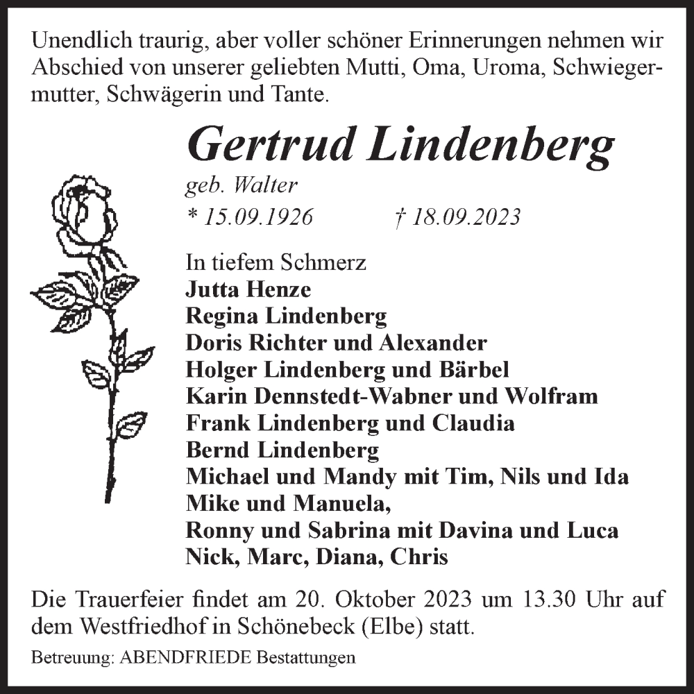  Traueranzeige für Gertrud Lindenberg vom 30.09.2023 aus Volksstimme Schönebeck
