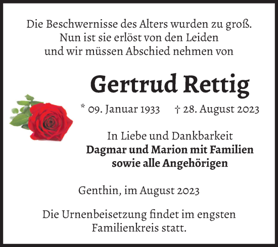 Traueranzeige von Gertrud Rettig von Volksstimme Burg/Genthin