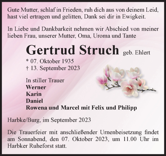 Traueranzeige von Gertrud Struch von Volksstimme Burg/Genthin