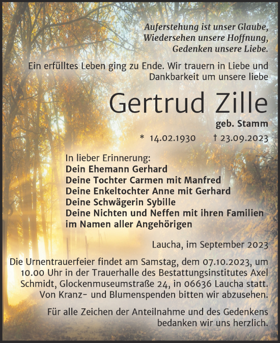 Traueranzeige von Gertrud Zille von Naumburger Tageblatt