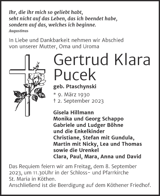 Traueranzeige von Gertrud Klara Pucek von Mitteldeutsche Zeitung Köthen