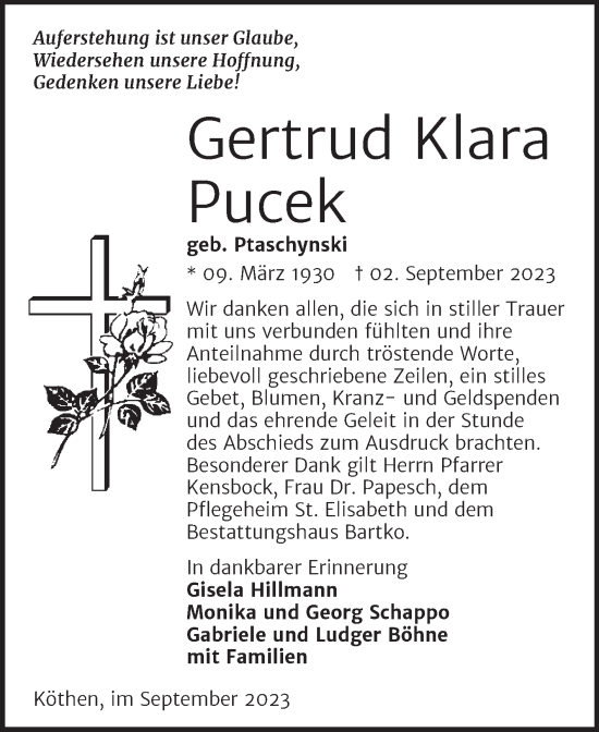 Traueranzeige von Gertrud Klara Pucek von Mitteldeutsche Zeitung Köthen