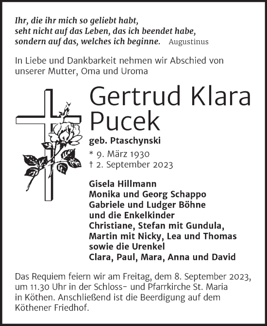 Traueranzeige von Gertrud Klara Pucek von Mitteldeutsche Zeitung Köthen