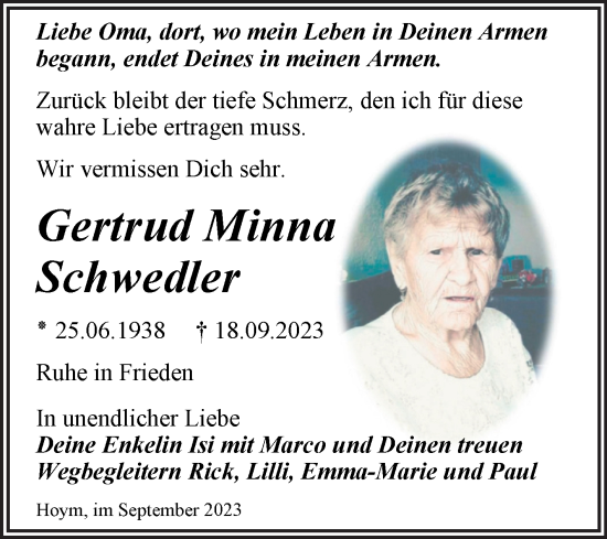Traueranzeige von Gertrud Minna Schwedler von Trauerkombi Aschersleben