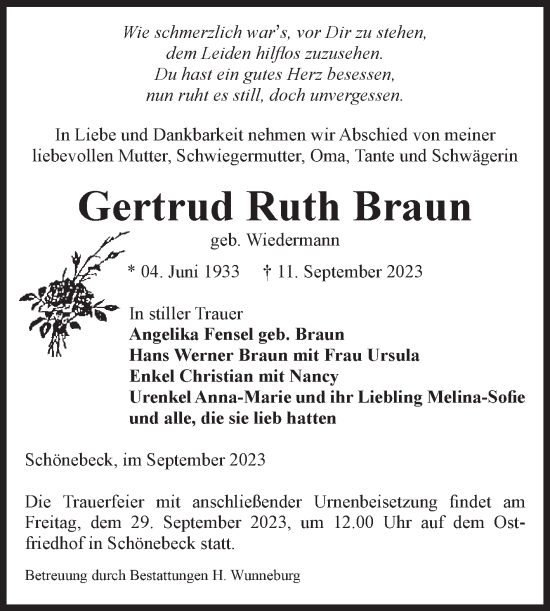 Traueranzeige von Gertrud Ruth Braun von Volksstimme Schönebeck