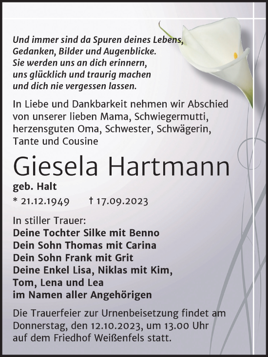 Traueranzeige von Giesela Hartmann von Trauerkombi Weißenfels