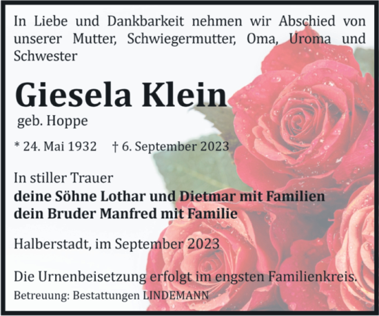 Traueranzeige von Giesela Klein von Volksstimme Halberstadt
