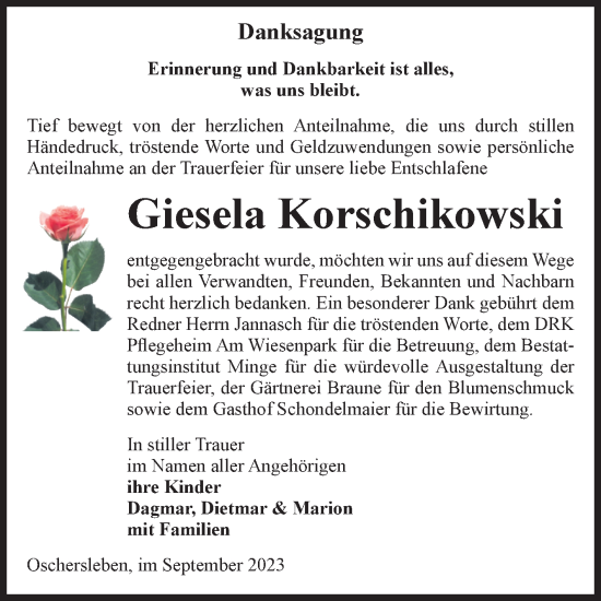 Traueranzeige von Giesela Korschikowski von Volksstimme Oschersleben/Wanzleben