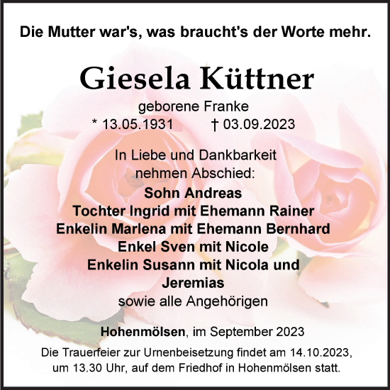 Traueranzeige von Giesela Küttner von Trauerkombi Weißenfels