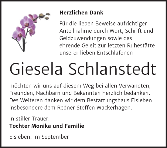 Traueranzeige von Giesela Schlanstedt von Trauerkombi Mansfelder Land