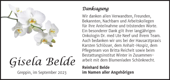 Traueranzeige von Gisela Belde von Trauerkombi Bitterfeld