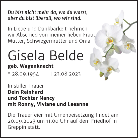 Traueranzeige von Gisela Belde von Trauerkombi Bitterfeld