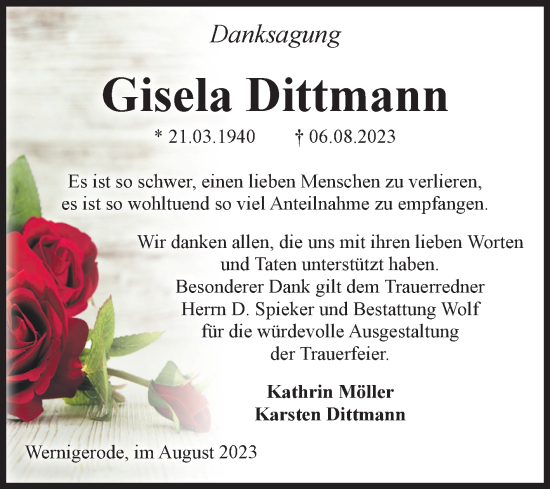 Traueranzeige von Gisela Dittmann von Volksstimme Wernigerode