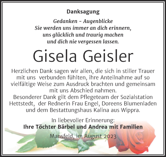 Traueranzeige von Gisela Geisler von Trauerkombi Mansfelder Land