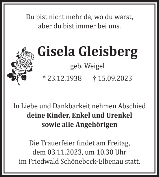 Traueranzeige von Gisela Gleisberg von Volksstimme Magdeburg