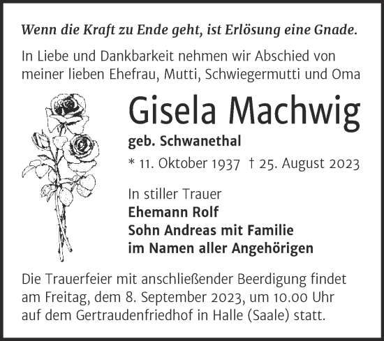 Traueranzeige von Gisela Machwig von Mitteldeutsche Zeitung Halle/Saalkreis