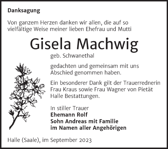 Traueranzeige von Gisela Machwig von Mitteldeutsche Zeitung Halle/Saalkreis