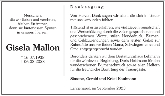 Traueranzeige von Gisela Mallon von Volksstimme Altmark West