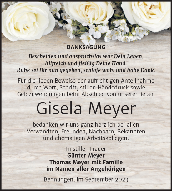 Traueranzeige von Gisela Meyer von Trauerkombi Sangerhausen