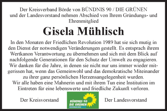 Traueranzeige von Gisela Mühlisch von Volksstimme Haldensleben/Wolmirstedt