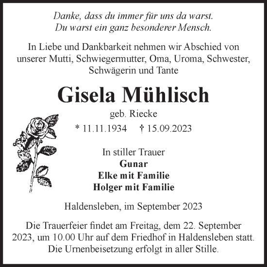 Traueranzeige von Gisela Mühlisch von Volksstimme Haldensleben/Wolmirstedt