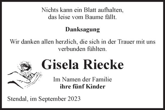 Traueranzeige von Gisela Riecke von Volksstimme Altmark Ost