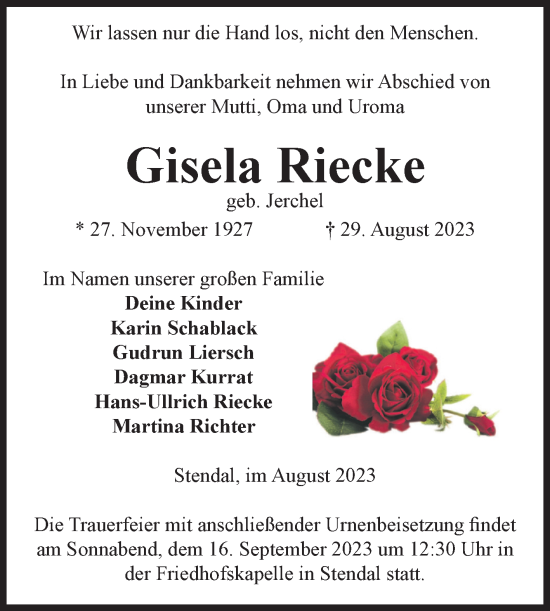 Traueranzeige von Gisela Riecke von Volksstimme Altmark Ost