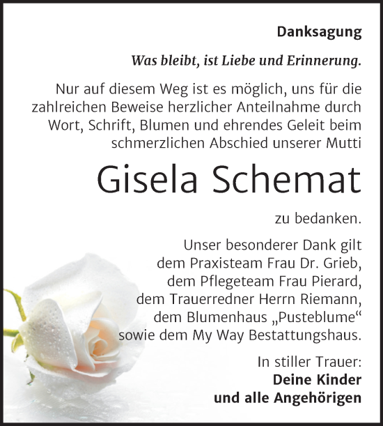 Traueranzeige von Gisela Schemat von Trauerkombi Weißenfels