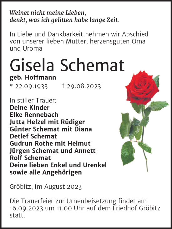 Traueranzeige von Gisela Schemat von Trauerkombi Weißenfels