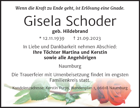Traueranzeige von Gisela Schoder von Wochenspiegel Naumburg/Nebra