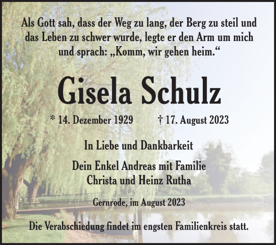 Traueranzeige von Gisela Schulz von Trauerkombi Quedlinburg