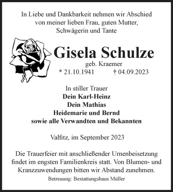Traueranzeige von Gisela Schulze von Volksstimme Altmark West