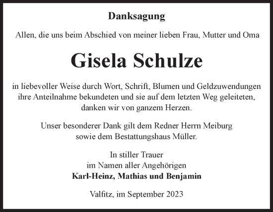 Traueranzeige von Gisela Schulze von Volksstimme Altmark West